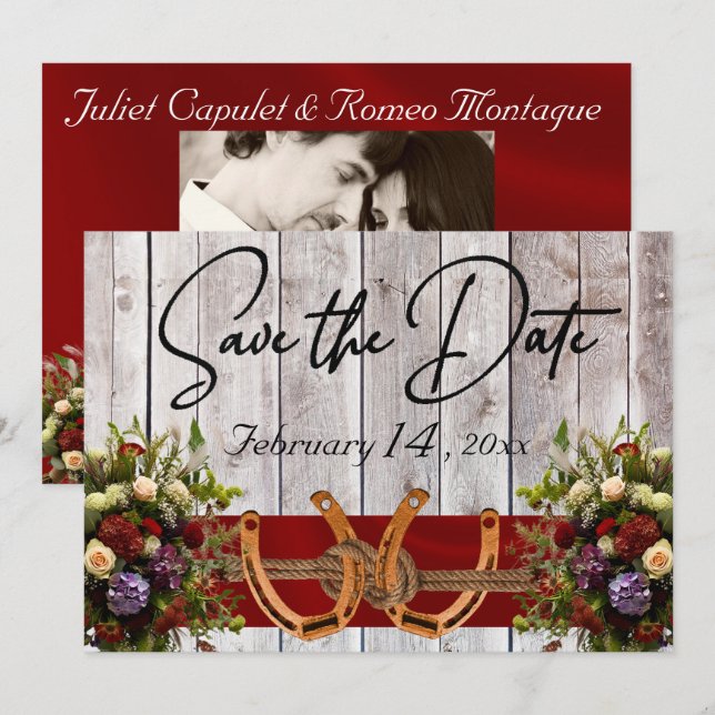 Save The Date Fleurs & Fers à Cheval Ruban Rouge Mariage (Devant / Derrière)