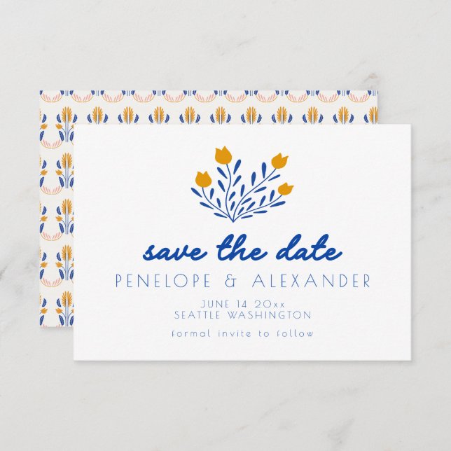 Save The Date Fleurs folk Scandi en Mariage bleu et jaune (Devant / Derrière)