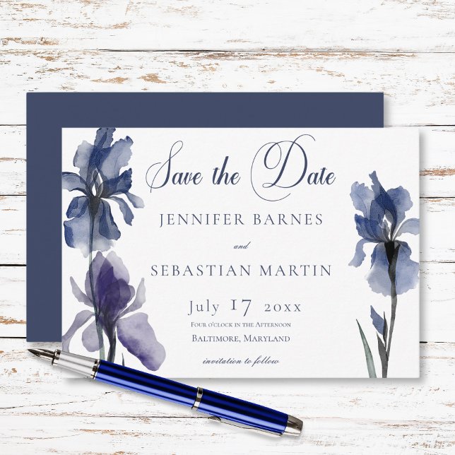 Save The Date Fleurs Iris Bleues Mariage moderne (Blue Iris Flowers Modern Wedding Save The Date)
