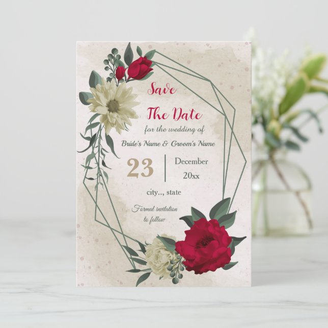 Save The Date fleurs jaune pâle rouge botanique (Debout devant)