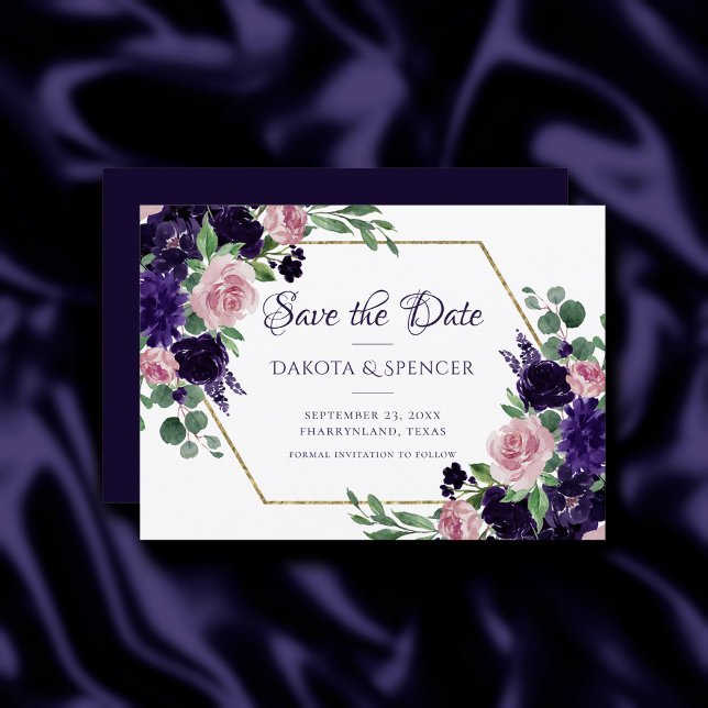 Save The Date Fleurs luxuriantes | Bouquets violets et roses (Créateur téléchargé)
