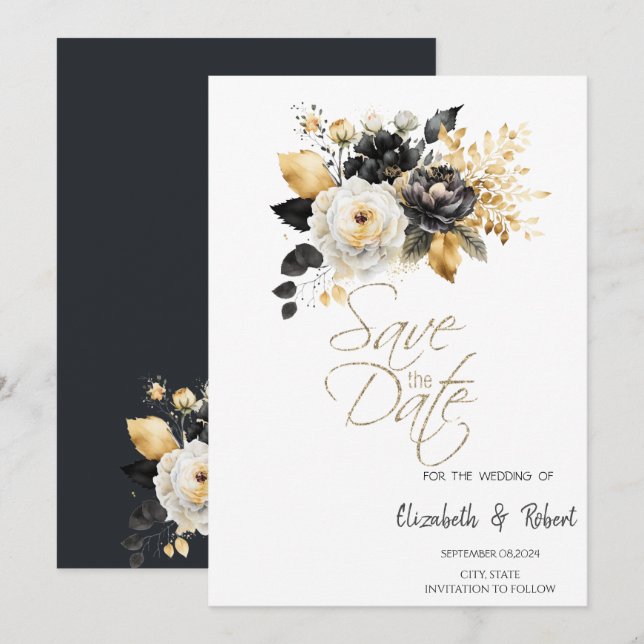 Save The Date Fleurs Noir Or Blanc Enregistrer La Date (Devant / Derrière)