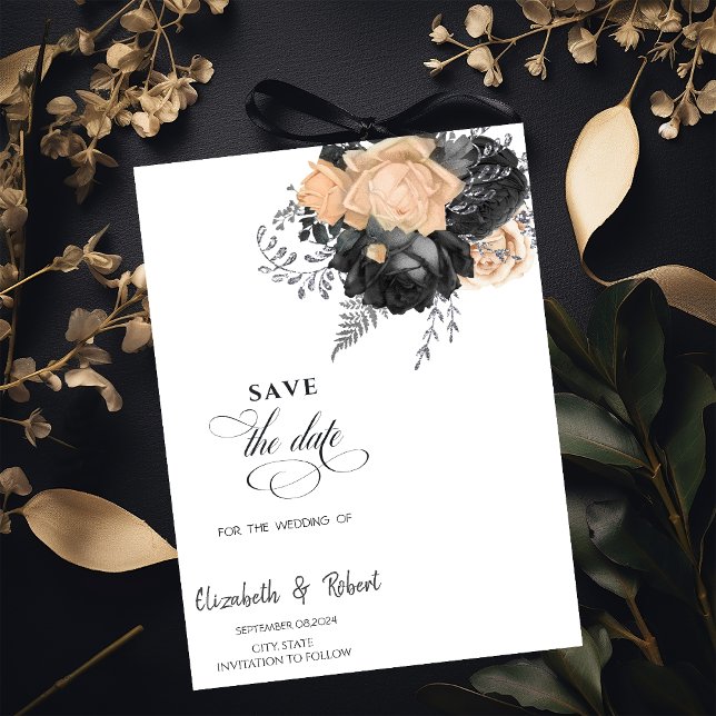 Save The Date Fleurs noires élégantes Crème Enregistrer la date (Créateur téléchargé)
