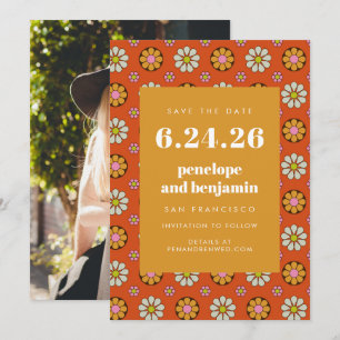 Save The Date Fleurs Rétro Années 70 Image Orange Clair Mariage