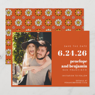 Save The Date Fleurs Rétro Groovy Orange Rose Photo Mariage 