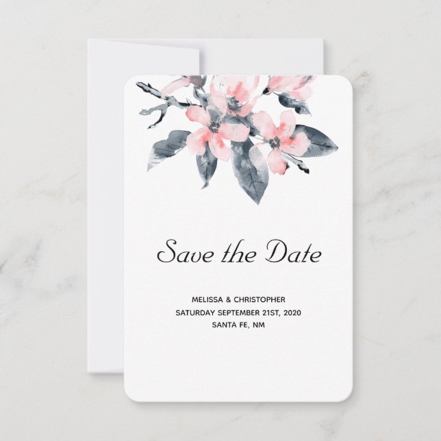 Save The Date Fleurs rose et gris Mariage Aquarelle classique (Devant)