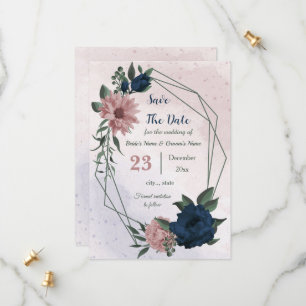 Save The Date fleurs rose et marine botanique