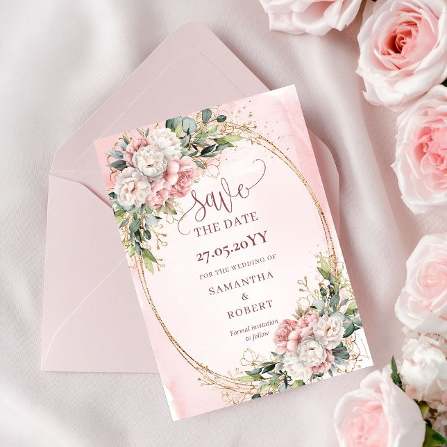 Save The Date Fleurs Rose Pâle Bohème Rustique Faire Part de Dat (Rustic Bohemian Light Pink Flowers Save The Date)
