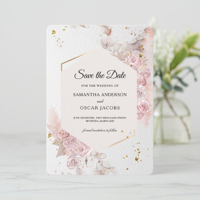 Save The Date Fleurs rose pastel élégant | Moderne (Debout devant)