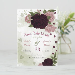 Save The Date fleurs rose prune vert feuille botanique