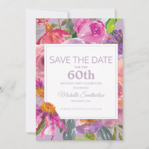 Save The Date Fleurs Rose Violet 60 ans Enregistrer la Date