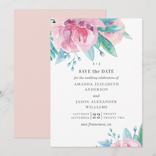 Save The Date Fleurs roses à l'aquarelle. Mariage floral rose te (Devant / Derrière)
