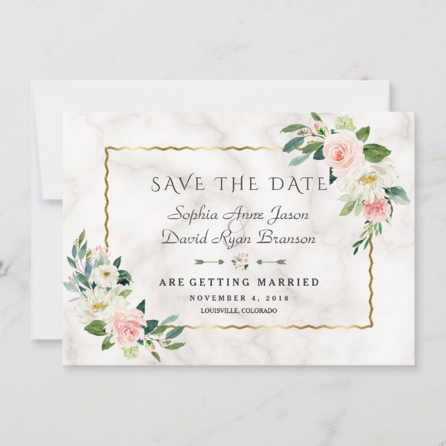 Save The Date Fleurs Roses de Luxe Cadre Doré Mariage Marbre (Devant)