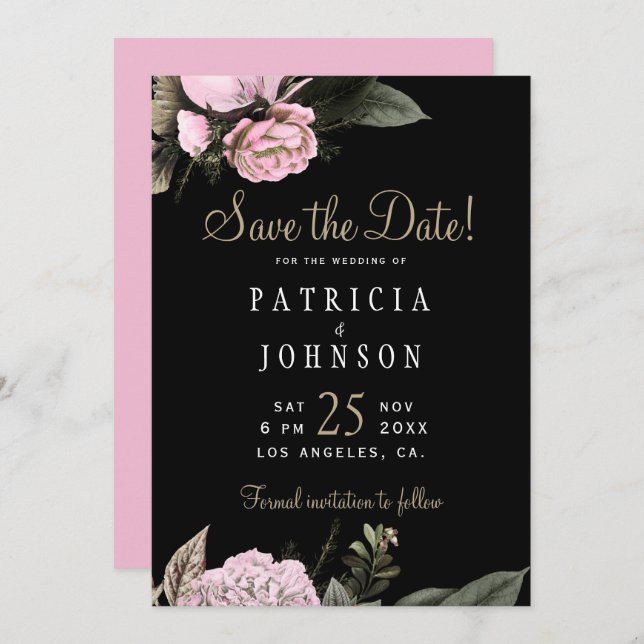 Save The Date Fleurs roses d'hiver élégant mariage enregistrer l (Devant / Derrière)