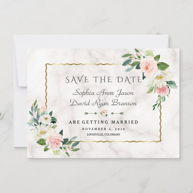 Save The Date Fleurs Roses Élégantes Cadre Doré Mariage Marbre (Devant)