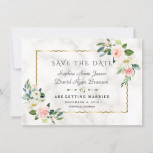 Save The Date Fleurs Roses Luxueuses Cadre Doré Mariage Marbre