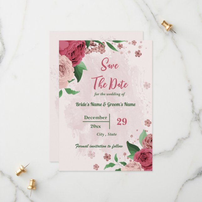 Save The Date fleurs roses vert feuille botanique (Devant/Arrière en situation)