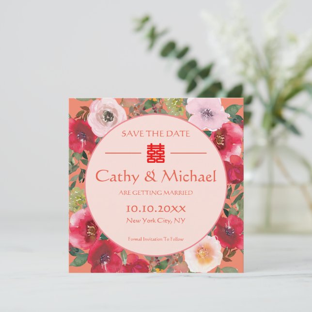 Save The Date Fleurs rouges de couronnes florales orange mariage (Debout devant)