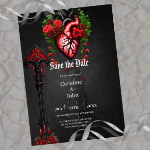 Save The Date Fleurs rouges du coeur gothique.