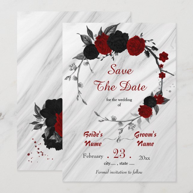 Save The Date fleurs rouges noires gris feuille couronne botaniq (Devant / Derrière)