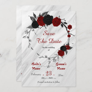 Save The Date fleurs rouges noires gris feuille couronne botaniq