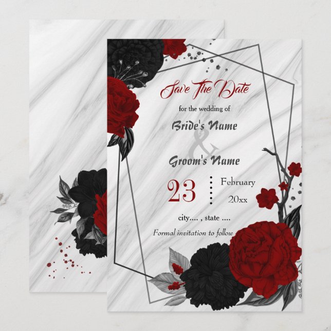 Save The Date fleurs rouges noires gris feuille marbre géométriq (Devant / Derrière)