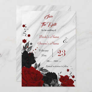 Save The Date fleurs rouges noires marbre feuille gris