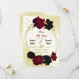 Save The Date fleurs rouges noires or feuilles