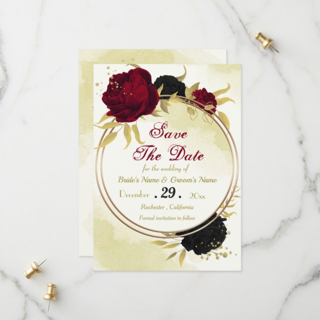 Save The Date fleurs rouges noires or feuilles (Devant/Arrière en situation)