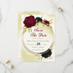 Save The Date fleurs rouges noires or feuilles