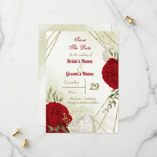 Save The Date fleurs rouges vert feuilles