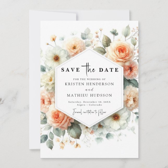 Save The Date Fleurs rustiques Peach Mariage (Devant)