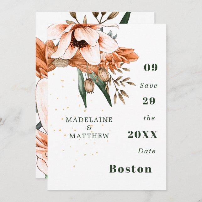 Save The Date Fleurs Rustiques Terracotta Or Élégant Chic (Devant / Derrière)