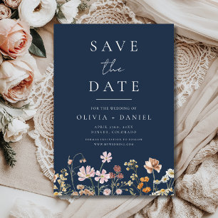 Save The Date Fleurs sauvages bleu marine bohème Enregistrez la