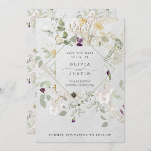 Save The Date Fleurs sauvages bruyants   Gris clair géométrique