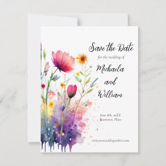 Save The Date Fleurs sauvages d'aquarelle mariage Enregistrer la (Devant)