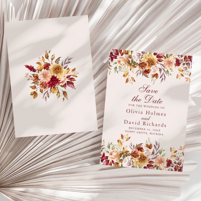 Save The Date Fleurs sauvages de mariage en terracotta orange br (Modern Burnt Orange Terracotta Wildflowers Wedding Save The Date on a sunny dry palm leaf.)
