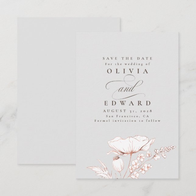 Save The Date Fleurs sauvages dessinés à la main gris clair Enre (Devant / Derrière)