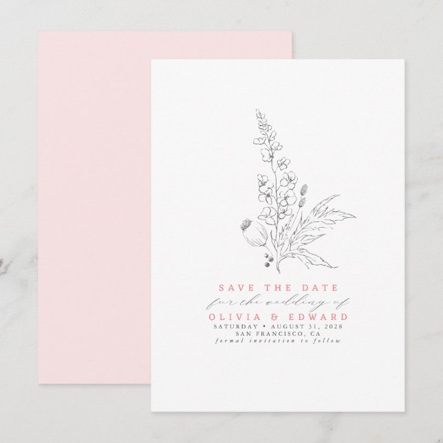 Save The Date Fleurs sauvages dessinés à la main rose Enregistre (Devant / Derrière)