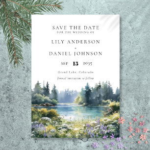 Save The Date Fleurs sauvages élégantes au bord du lac en forêt