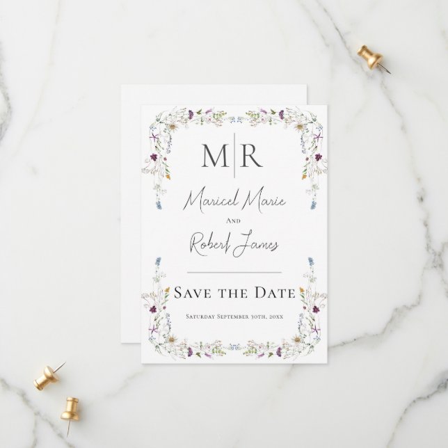 Save The Date Fleurs Sauvages Modernes Monogramme Mariage Blanc (Devant/Arrière en situation)