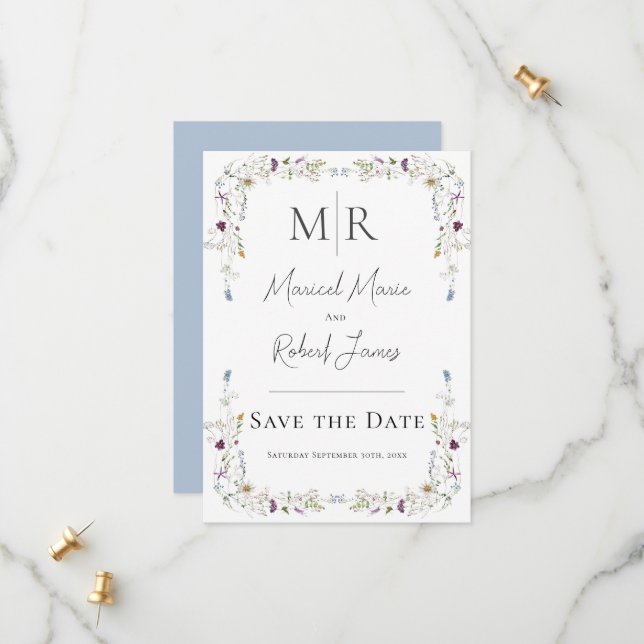 Save The Date Fleurs Sauvages Modernes Monogramme Mariage Bleu (Devant/Arrière en situation)
