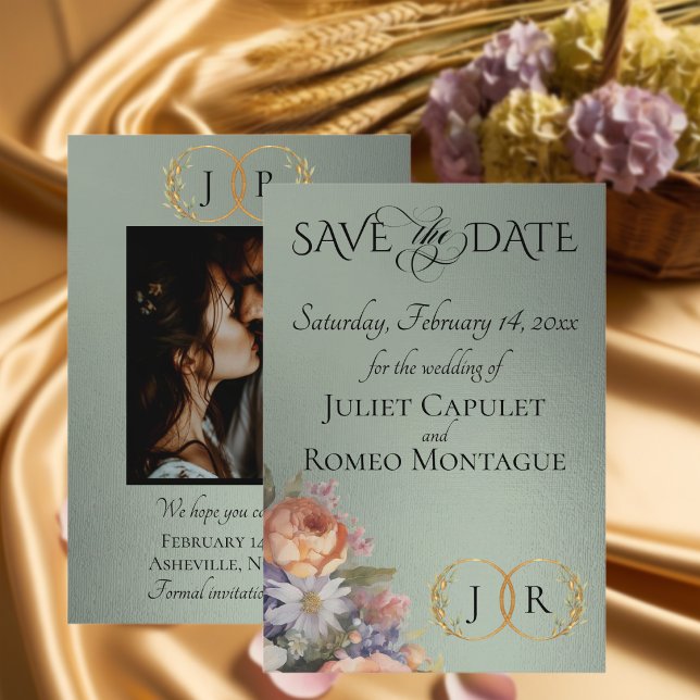 Save The Date Fleurs sauvages, monogramme photo et feuille - Sau (Créateur téléchargé)
