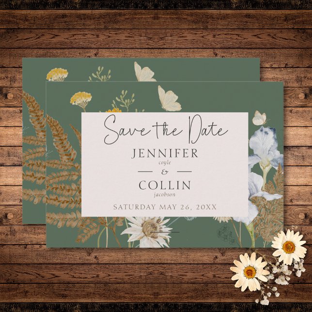 Save The Date Fleurs sauvages sur le Mariage Sage (Wildflowers on Sage Wedding Save The Date)