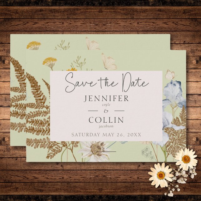 Save The Date Fleurs sauvages sur Mariage de lumière (Wildflowers on Light Sage Wedding Save The Date)