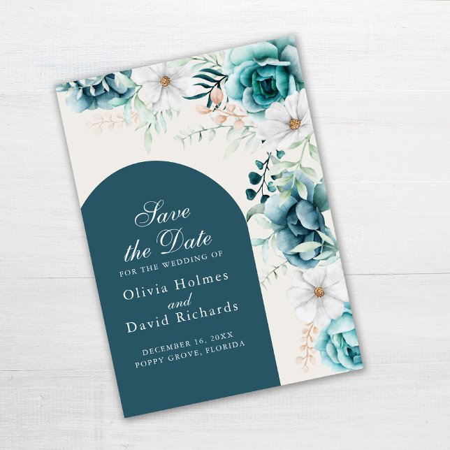 Save The Date Fleurs sauvages turquoises et non blancs Enregistr (Teal and Turquoise Save the Date Card on gray table)