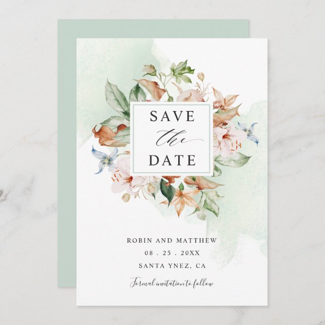 Save The Date Fleurs terrestres et Mariage floral vert Sage Écon (Devant / Derrière)