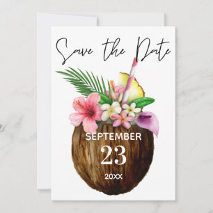 Save The Date Fleurs tropicales hawaïennes et noix de coco pour 