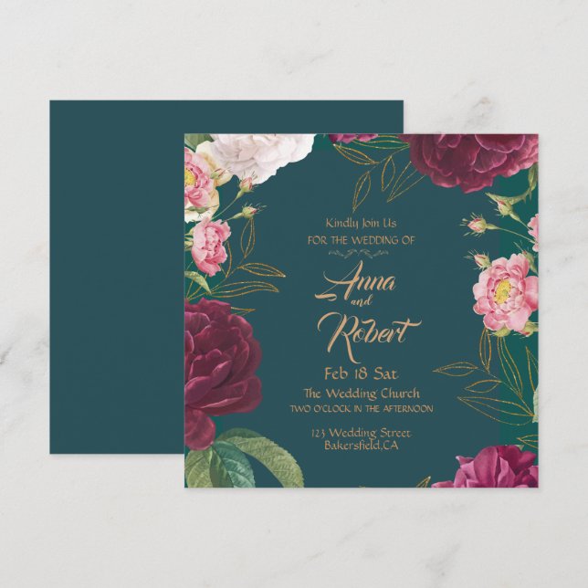 Save The Date Fleurs vert émeraude et or  (Devant / Derrière)