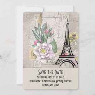 Save The Date Fleurs vintages, Tour Eiffel et Mariage Burlap